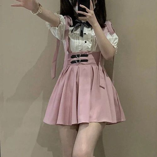 Lolita Japonaise Taille Haute Mini Jupe À Bretelles Pour Femme,Streetwear Doux Esthétique,Solide,Gothique,Harajuku,Y2k