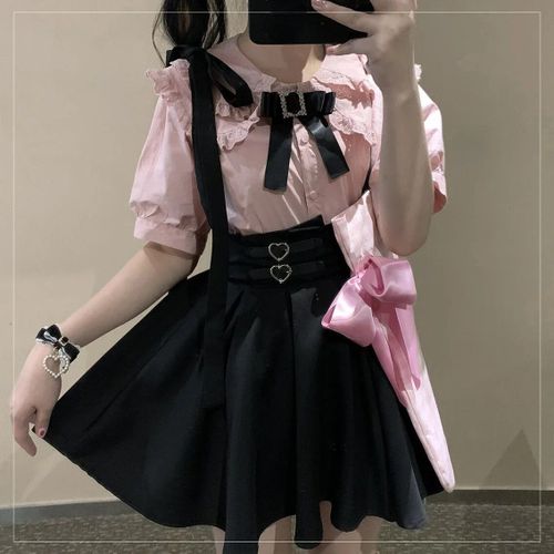 Lolita Japonaise Taille Haute Mini Jupe À Bretelles Pour Femme,Streetwear Doux Esthétique,Solide,Gothique,Harajuku,Y2k