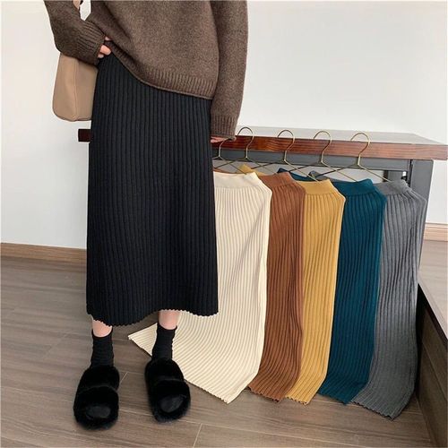Jupe Pull Épaisse Vintage Pour Femmes,Élastique,Taille Haute,Plissée,Midi,Tricotée,Crayon,Solide,Élégante,Printemps,Été,600