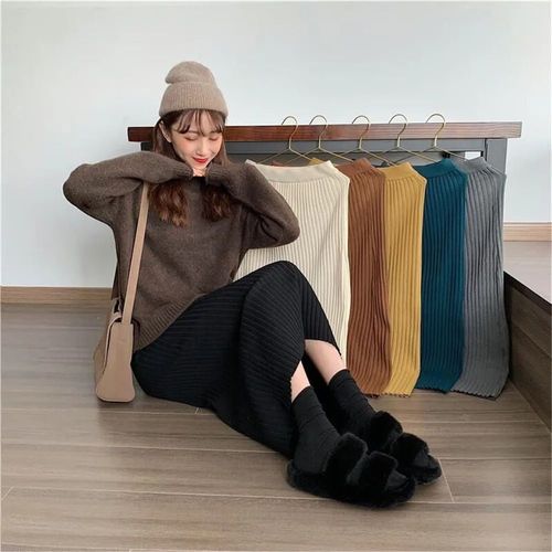 Jupe Pull Épaisse Vintage Pour Femmes,Élastique,Taille Haute,Plissée,Midi,Tricotée,Crayon,Solide,Élégante,Printemps,Été,600