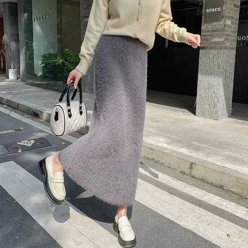 Cowcyy-Jupe Longue Taille Haute En Fausse Fourrure Pour Femmes,Jupes Chaudes,Monochromatique,Décontracté,Élégant,Mode Coréenne,Automne,Hiver,2023