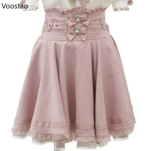 Jupe Gothique Lolita Taille Haute À Double Nministériels D Pour Femme,Mini Jupe Plissée Japonaise Mignonne A-Line Avec Ruban Et Perle