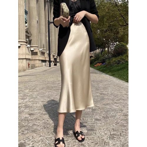 Injsatin-Jupe Crayon Longue Taille Haute Pour Femme,Style Coréen,Couleur Champagne,Bureau,Ligne A,Mode Élégante,Couleur Unie,2024