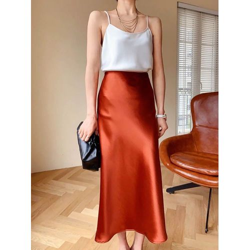 Injsatin-Jupe Crayon Longue Taille Haute Pour Femme,Style Coréen,Couleur Champagne,Bureau,Ligne A,Mode Élégante,Couleur Unie,2024