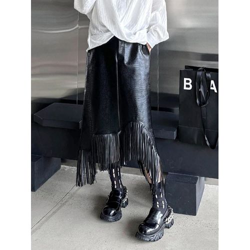 Eam-Jupe En Cuir Pu Noir Pour Femme,Taille Haute Élastique,Glands Irréguliers,Demi-Corps,Marée De Mode,Printemps,Automne,2024,1dh1208