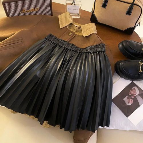Jupe Courte Plissée En Cuir Pu Marron Pour Femme,Taille Haute,Ligne A,Mini Jupes,Vintage,Chic,Coréen,Mode 2023