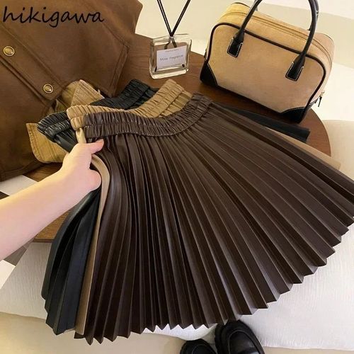 Jupe Courte Plissée En Cuir Pu Marron Pour Femme,Taille Haute,Ligne A,Mini Jupes,Vintage,Chic,Coréen,Mode 2023