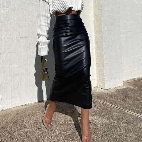 Jupe Crayon Longue En Cuir Pu Pour Femme,Streetwear Taille Haute,Jupe Midi Mince,Bas Noir Et Blanc,Automne Et Hiver 2024