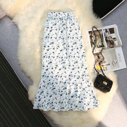 Jupe En Queue De Poisson Irrégulière Florale Pour Femme,Taille Haute,Mince,Froncée,Laçage,Décontracté,Tout Match,Dame,Jupe En Mousseline De Soie,Mode