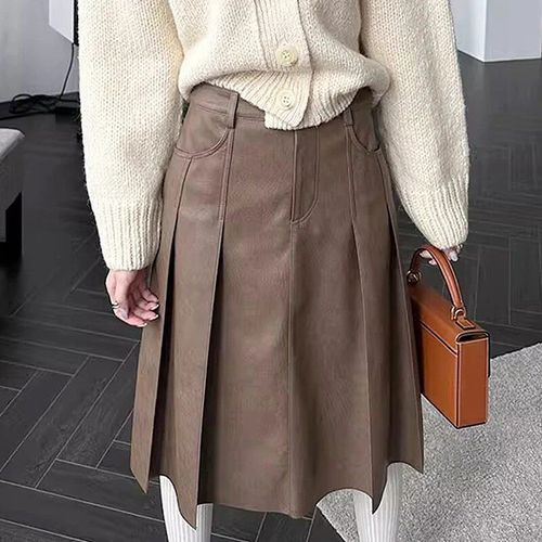 Mooq-Jupe En Cuir Pu Plissée Noire Vintage Pour Femme,Taille Haute,Jupes En Cuir À Double Poche,Vêtements Marron Foncé,Automne 2023,16u4800