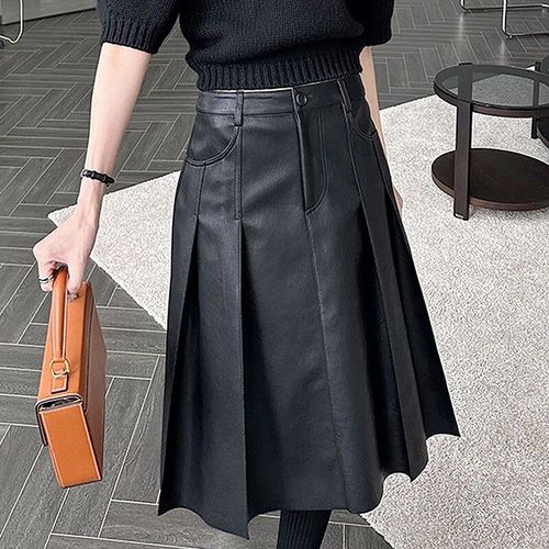 Mooq-Jupe En Cuir Pu Plissée Noire Vintage Pour Femme,Taille Haute,Jupes En Cuir À Double Poche,Vêtements Marron Foncé,Automne 2023,16u4800