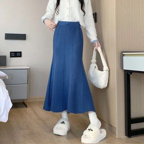 Jupe Mi-Longue Mince Décontractée Avec Longueur De Rinçage Pour Femmes,Jupes Monochromes Élégantes,Mode Coréenne,Automne,Hiver,2024