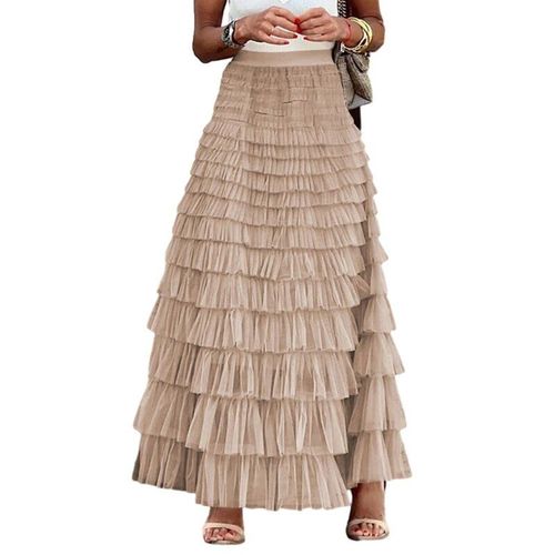 Jupe Longue En Tulle Nickel É Pour Femme,Ligne A,Jupe Maxi,Taille Haute Élastique,Maille,Volants,Superposée,Élégante,Streetwear