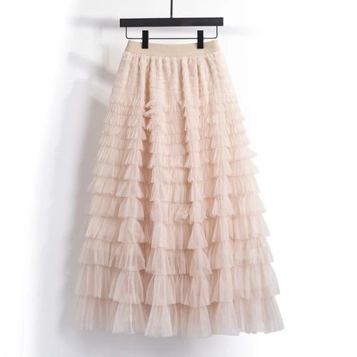 Qooth-Jupe Longue Bouffante En Maille,Taille Élastique,Gaze,Tulle,Automne,Élégant,Gâteau,Qt1989