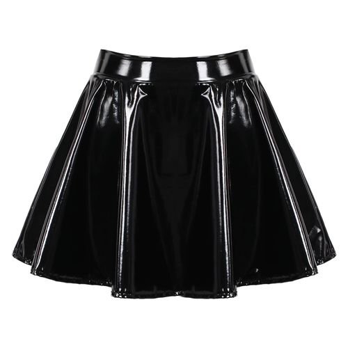 Mini Jupes Patineuse En Latex Pour Femmes,Aspect Brillant,Cuir Verni,Dos Évasé,Plissé,Décontracté,Ligne A,Court,Wlwear