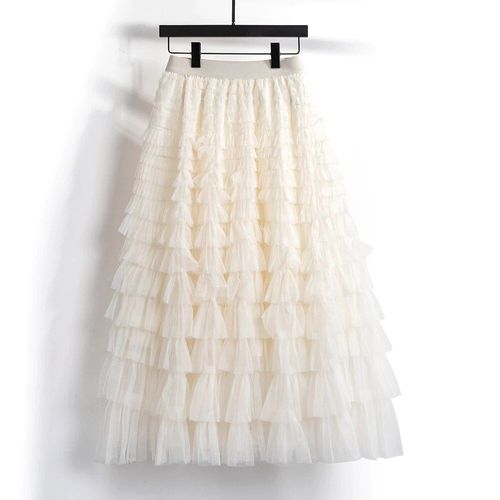 Qooth-Jupe Longue Bouffante En Maille,Taille Élastique,Gaze,Tulle,Automne,Élégant,Gâteau,Qt1989
