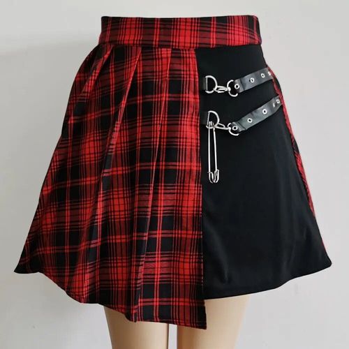 Jupe Courte Plissée Rouge Tartan Pour Femme,Streetwear À Carreaux,Bouton Latéral,Mini Jupe Décontractée,Tout Match,Mode