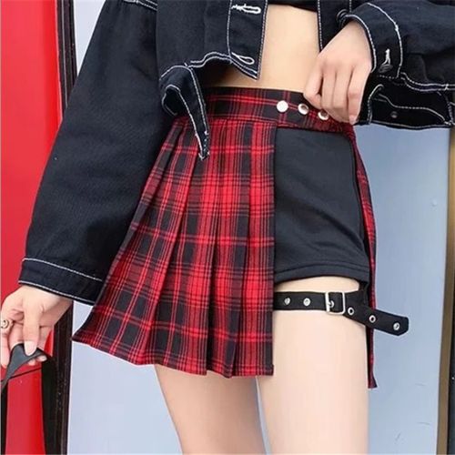 Jupe Courte Plissée Rouge Tartan Pour Femme,Streetwear À Carreaux,Bouton Latéral,Mini Jupe Décontractée,Tout Match,Mode