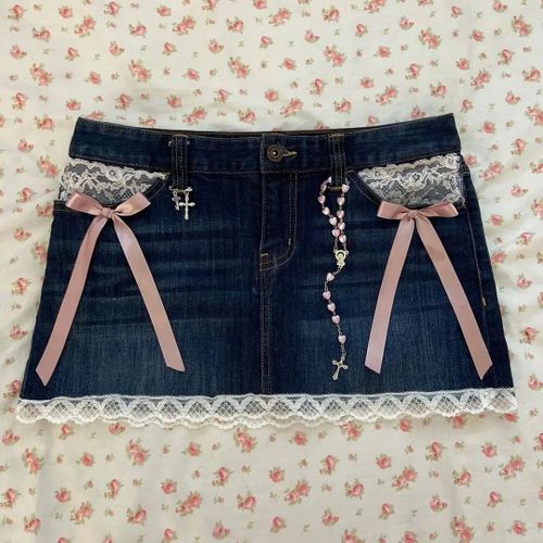 Y2k-Mini Jupe En Jean Plissée En Dentelle Gothique Pour Femme,Harajuku,Sexy,Rétro,Bleu,Ligne A,Fille Chaude,Taille Haute,Mince,Courte