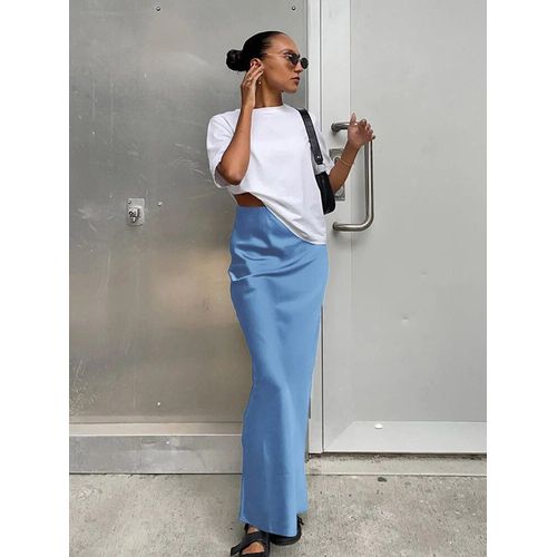 Jupe Trompent En Satin Noir Pour Femme,Élégante,Taille Haute,Mince,Couleur Unie,Longue,Bureau,Printemps,Été,Mode,2024