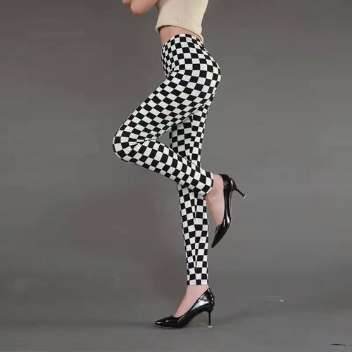 Leggings À Carreaux Pour Femmes,Pantalon Taille Haute,Imprimé Pied-De-Poule,Motif Floral,Rayures,Pois,Léopard,Noir Pur