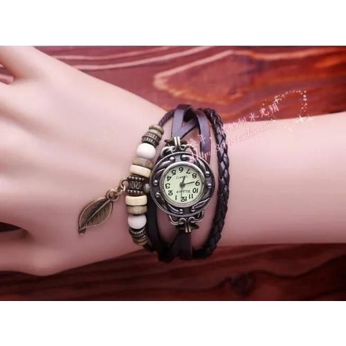 Montre-Bracelet À Quartz Vintage Pour Femme,Bracelet En Cuir Rond Tissé,Perles De Cuir Chevelu - Type Cf