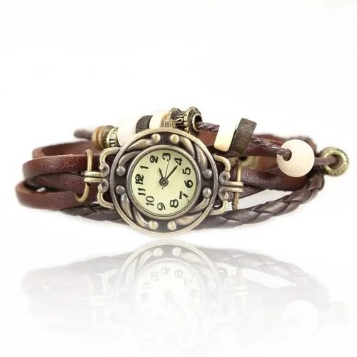Montre-Bracelet À Quartz Vintage Pour Femme,Bracelet En Cuir Rond Tissé,Perles De Cuir Chevelu - Type Dark Brown