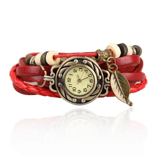 Montre-Bracelet À Quartz Vintage Pour Femme,Bracelet En Cuir Rond Tissé,Perles De Cuir Chevelu - Type Red