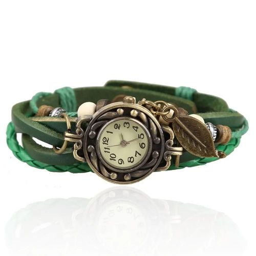 Montre-Bracelet À Quartz Vintage Pour Femme,Bracelet En Cuir Rond Tissé,Perles De Cuir Chevelu - Type Green