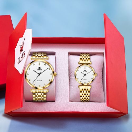 Olevs-Montre-Bracelet Étanche Pour Couple,Simple,Luxe,Mode,Exquis,Boîte À Deux,Son Et Sa Montre,Ensemble Amoureux - Type Gold White