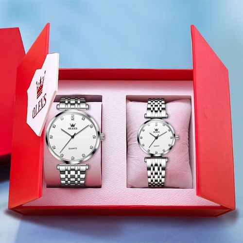 Olevs-Montre-Bracelet Étanche Pour Couple,Simple,Luxe,Mode,Exquis,Boîte À Deux,Son Et Sa Montre,Ensemble Amoureux - Type Silver