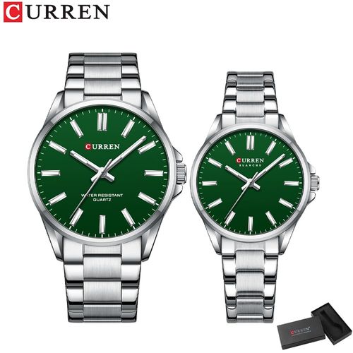 Istro Ren-Montres Étanches Pour Couple,Montres-Bracelets À Quartz Classiques Simples,Acier Inoxydable,Aiguilles Shoes,Marque Pour Les Amoureux - Type Silver Green