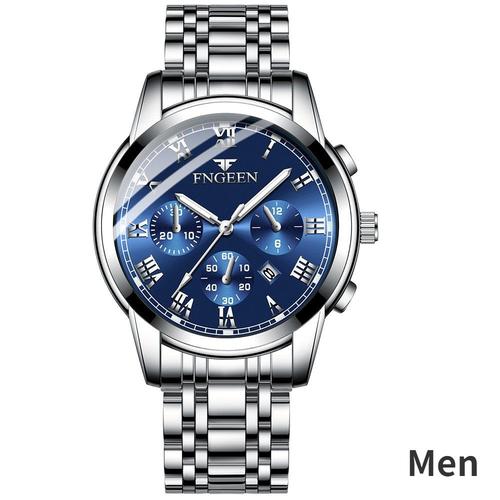 Fngeen-Montre De Couple Étanche Pour Homme Et Femme,Grand Cadran,Trois Yeux,Six Broches,Horloge À Quartz Ronde,Calendrier Shoous,Date,Sport,Luxe - Type Blue Men