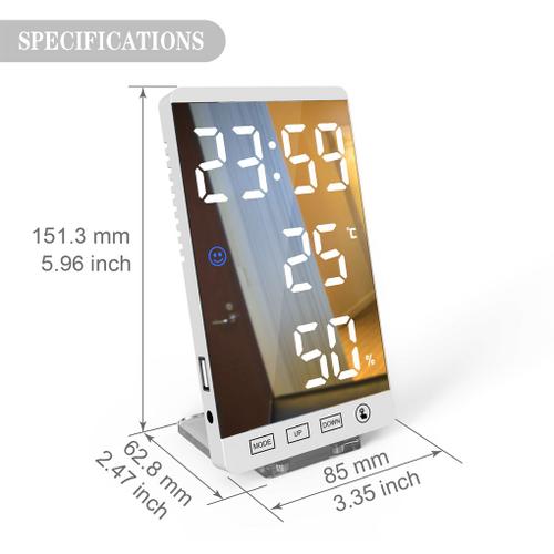 Réveil numérique à LED avec bouton tactile, horloge numérique, affichage de la température et de l'humidité, horloge de Table de bureau avec support amovible