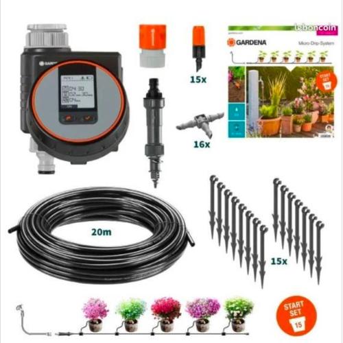 Kit arrosage tuyau à goutteurs Goutte à goutte GARDENA 13004-26 + Centrale d'irrigation Gardena 1355-20