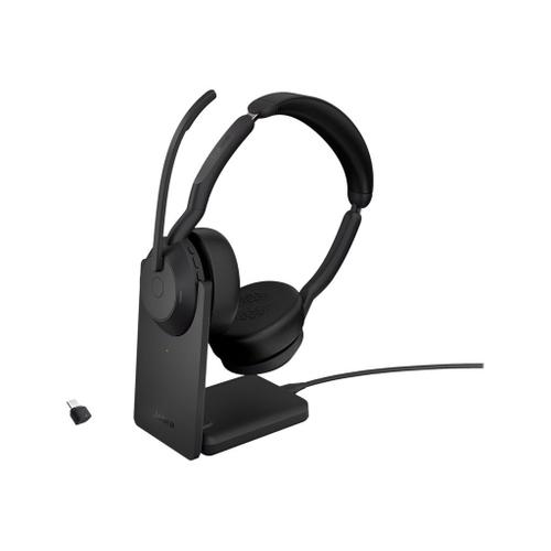Jabra Evolve2 55 UC Stereo - Micro-casque - sur-oreille - Bluetooth - sans fil - Suppresseur de bruit actif - USB-C - noir - avec support de chargement - certifié Zoom, Cisco Webex Certified...