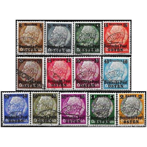 Pologne, Occupation Allemande 1938, Belle Série Complète Timbres Yvert 17 À 29, Marechal Hindenburg, Avec Surcharge "Osten" Et Nouvelle Valeur En Groschens Ou Zloty, Oblitérés, Tbe.