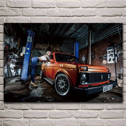 Affiche de tatouage en tissu, modèle de voiture de fille russe niva pour femmes, décoration murale de salon, toile en soie 40x50cm no frame