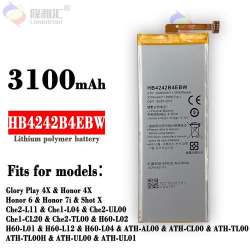 Batterie De Remplacement,Convient Pour Huawei Y6-2019 Honor 6 Pour Jouer A La Batterie Honor 4x/02 7i Shot-X Hb4242b4ebw