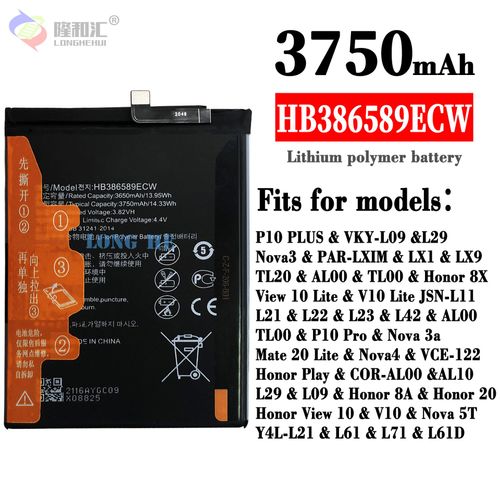 Batterie De Remplacement,Convient Pour Huawei P10 Plus/Nova3/Honor 8x Hb386589ecw Batterie De Grande Capacité Pour Téléphone Portable