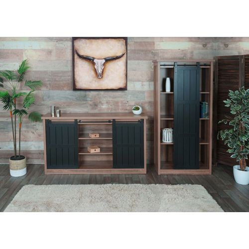 Ensemble De Salon Composé D'une Armoire Et D'un Sideboard Hwc-K75, Porte Coulissante Compartiments De Rangement, Aspect Bois Industriel Métal   Brun