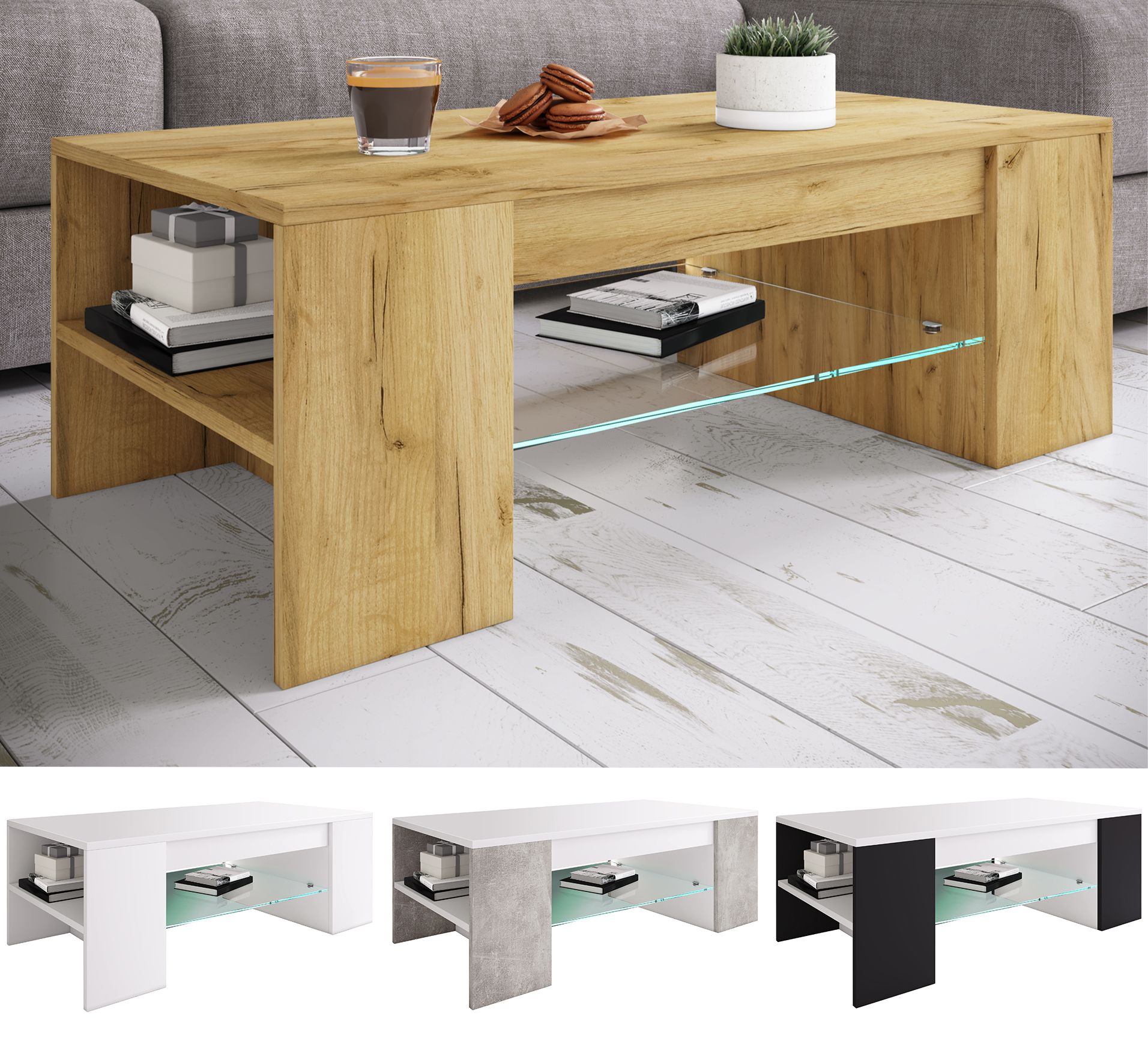 Table Basse Salon Design – 100x48x55 Cm, Plateau Marbre Blanc Et Noir, Rangement Ouvert, Montage Facile