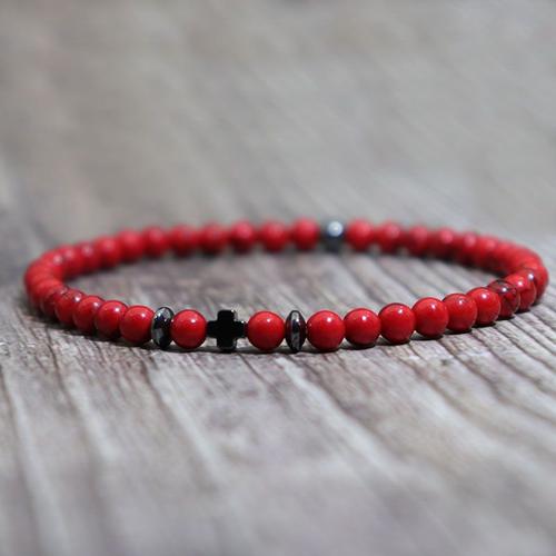 Rouge Turquoise - Bracelet À Breloques En Hématite, Croix De 4mm, En Pierre Turquoise Rouge, Fait À La Main, Pour Hommes, Perles Extensibles, Bijoux De Yoga