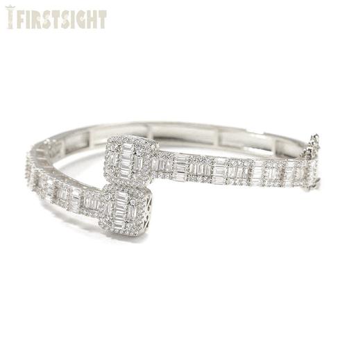 Plaqué Platine - 17cm (58mm) - Bracelet À Breloques En Zircon Pour Hommes Et Femmes, Bijou Hip Hop, Carré, Brillant, Ouvert, Couleur Or Argent, Baguette Aaa Cz, Nouvelle Collection