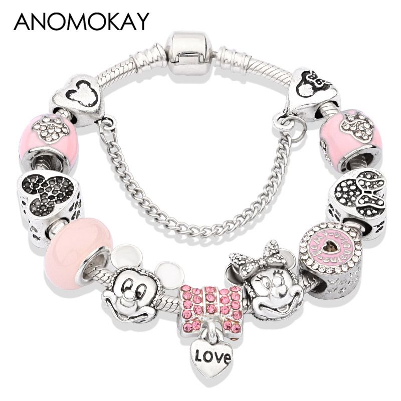 Pour929 - 19 Cm (7,5 Pouces) - Bracelet À Breloques Mickey Et Minnie En Cristal Rose Mignon, Couleur Argent, Bracelet En Perles De C¿Ur Pour Femmes Et Filles, Bijoux À La Mode, Cadeau, Nouvelle Collection 2022