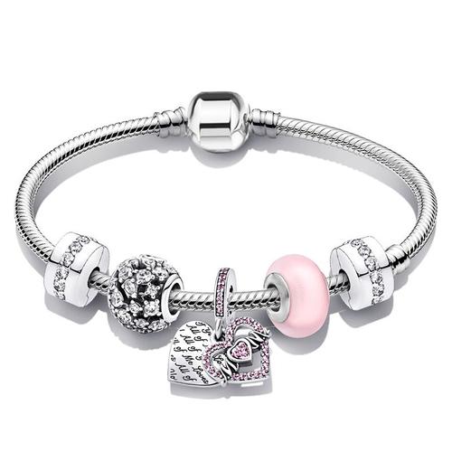 S011 - 21cm - Bracelet À Breloques Romantique De Couleur Argent 2021 Avec Bracelet De Marque Happy Family Brin Pour Femmes, Fabrication De Bijoux Diy