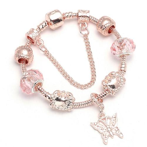 16cm - Bracelet À Breloques Vintage Couleur Argent Pour Femmes, Avec Pendentif Fleur Et Boule De Cristal Or Rose, Livraison Directe