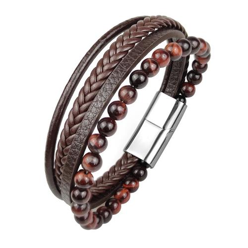 S Pierre Brun-Rouge - 22cm - Bracelet Boho En Cuir Avec Perles Pour Homme Et Femme, Chapelet En Acier Inoxydable, Pierre Naturelle, Bijou D'amour, Cadeau, Vente En Gros