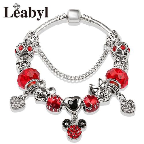 P10868 - 19 Cm (7,5 Pouces) - Bracelet Classique En Cristal Rouge, Pendentif Mickey Minnie, Couleur Argent, C¿Ur, Breloque, Bijoux