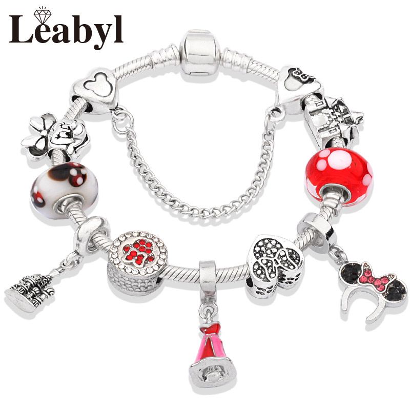 P10930 - 19 Cm (7,5 Pouces) - Bracelet Classique En Cristal Rouge, Pendentif Mickey Minnie, Couleur Argent, C¿Ur, Breloque, Bijoux